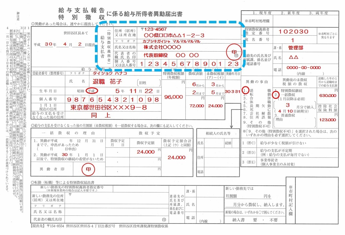 給与所得者異動届出書 書き方 記入例 提出先 期限 住民税 市民税 退職 一括徴収 普通徴収 書類で行う会社事務 書き方 記入例 提出先